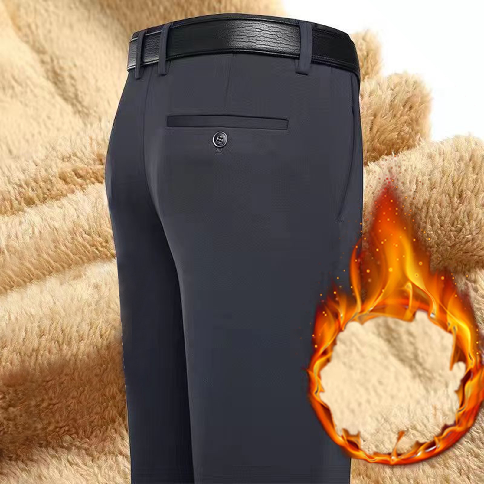 thumbnail image 4 of Pantalones largos informales para hombre: sin arrugas, con forro polar, poliéster, para todas las estaciones, informales/de negocios, tallas reales, tallas S-XXXL, fáciles de combinar con camisetas., 4 of 6
